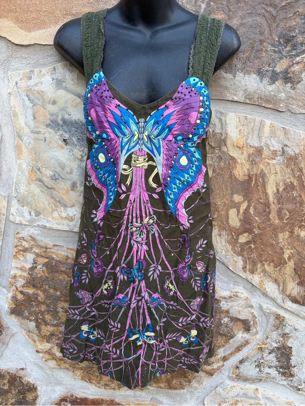 Vintage Free People Madame Butterfly Beaded Lace Mini Dress Whimsigoth 6 BoHo